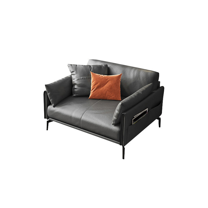 Mid-Century Modern Loose Back Sofa Gray Genuine Leather Aqure Arm Sofa