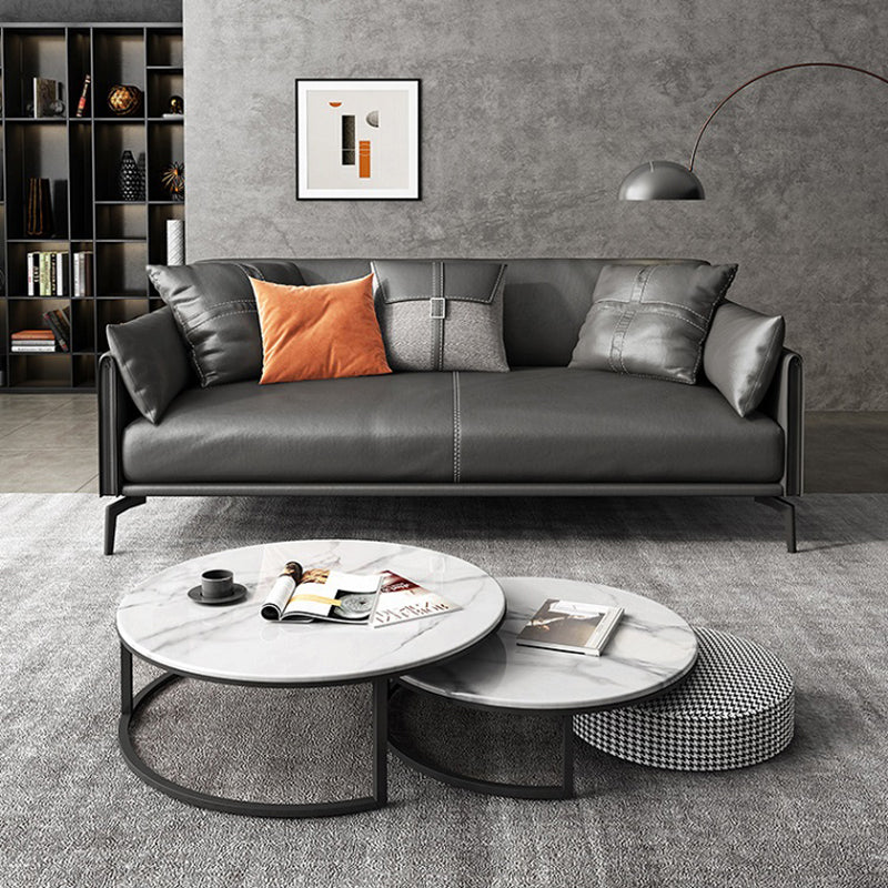 Mid-Century Modern Loose Back Sofa Gray Genuine Leather Aqure Arm Sofa
