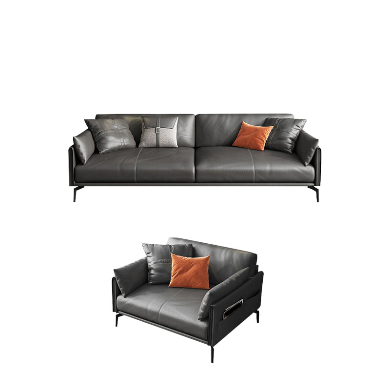 Mid-Century Modern Loose Back Sofa Gray Genuine Leather Aqure Arm Sofa