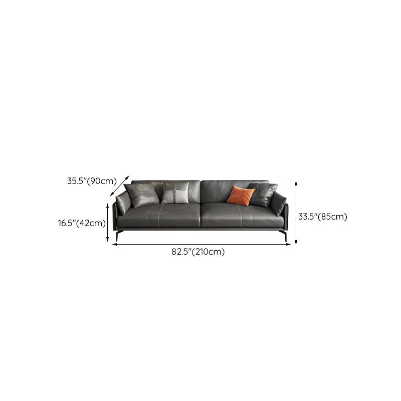 Mid-Century Modern Loose Back Sofa Gray Genuine Leather Aqure Arm Sofa