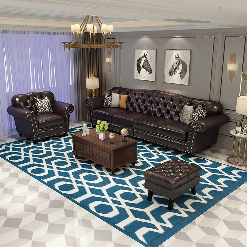 Traditional Living Room Brown Sofa 4-seat Genuine Leather Seating