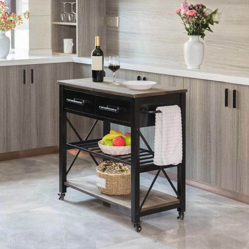 Solid Wood Kitchen Island Rolling Kitchen Trolley with Towel Rack