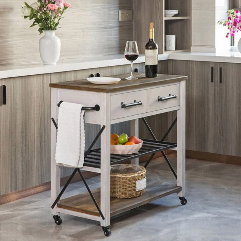 Solid Wood Kitchen Island Rolling Kitchen Trolley with Towel Rack