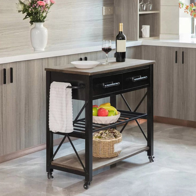 Solid Wood Kitchen Island Rolling Kitchen Trolley with Towel Rack