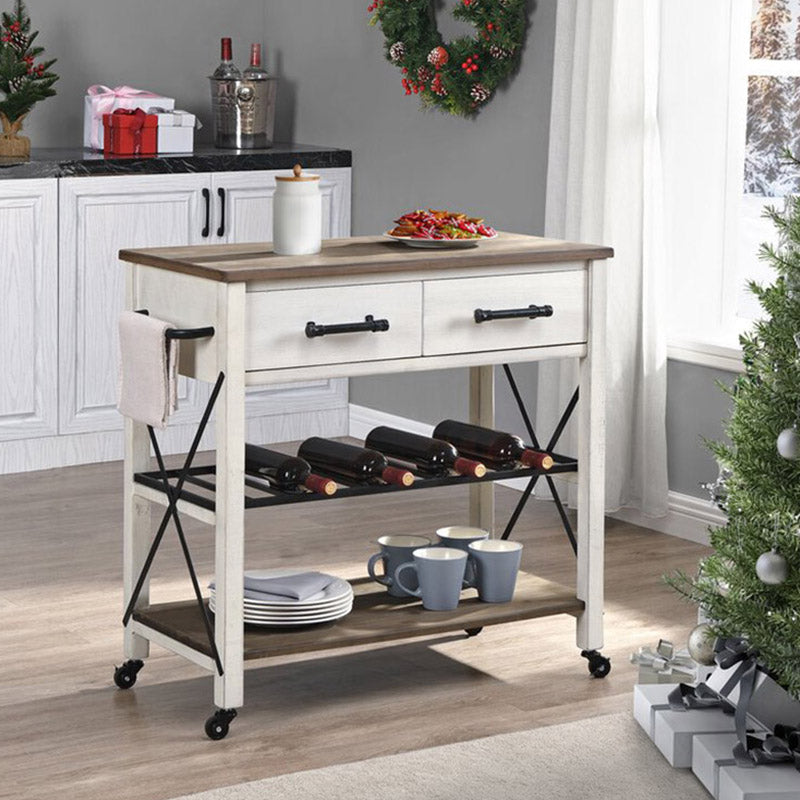 Solid Wood Kitchen Island Modern Rolling Kitchen Trolley with Towel Rack