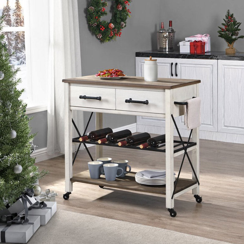 Solid Wood Kitchen Island Modern Rolling Kitchen Trolley with Towel Rack