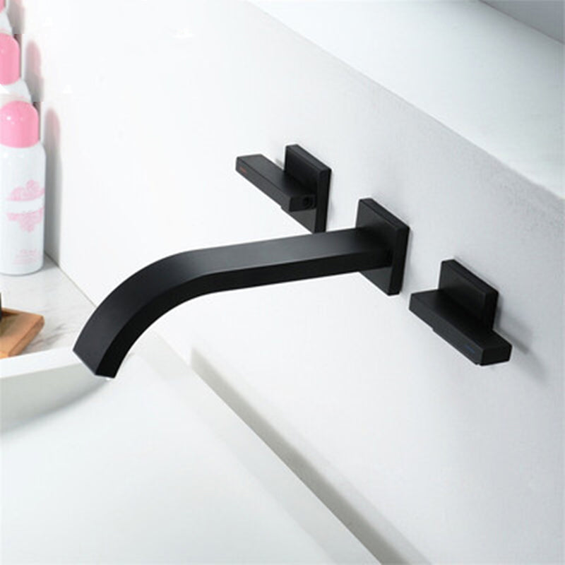 Glam Wall Mounted Bathroom Faucet 2 Handles Low Arc Solid Brass Faucet