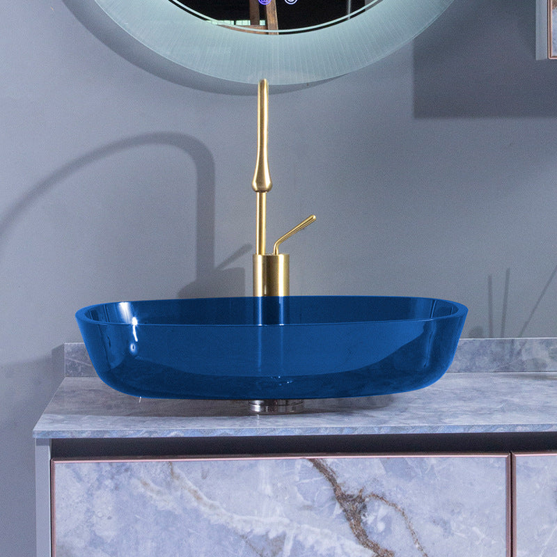 Contemporary Bathroom Sink Glass Oval-Shape Vessel Bathroom Sink with Pop-Up Drain