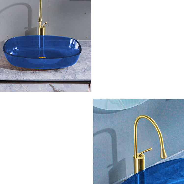 Contemporary Bathroom Sink Glass Oval-Shape Vessel Bathroom Sink with Pop-Up Drain
