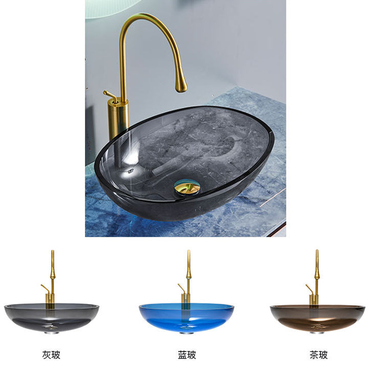 Contemporary Bathroom Sink Glass Oval-Shape Vessel Bathroom Sink with Pop-Up Drain