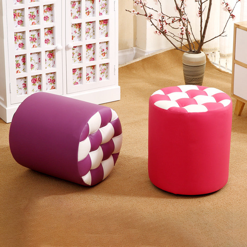 Modern Round Pouf Plaid Pattern Leather Pouf for Drawing Room