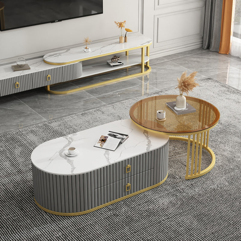 Round Coffee Table Slate Frame Nesting Coffee Table Set with 2 Drawers