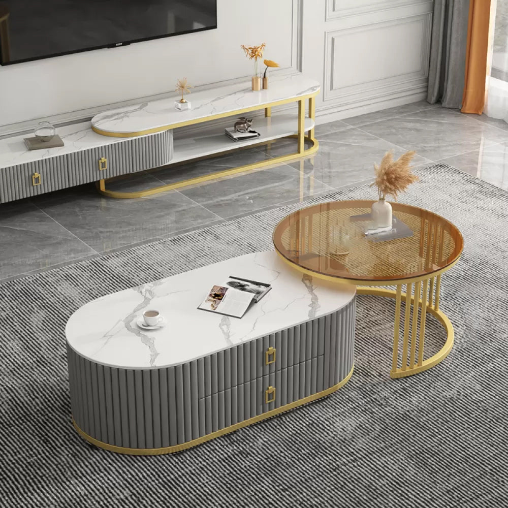 Round Coffee Table Slate Frame Nesting Coffee Table Set with 2 Drawers