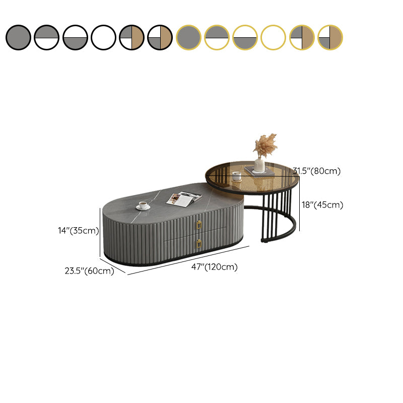 Round Coffee Table Slate Frame Nesting Coffee Table Set with 2 Drawers