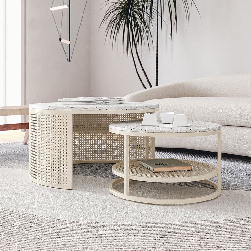 Contemporary Coffee Table White Round Slate Coffee Cocktail Table
