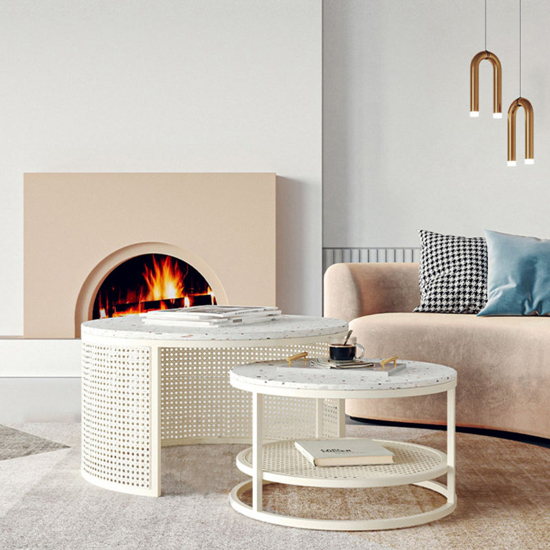 Contemporary Coffee Table White Round Slate Coffee Cocktail Table