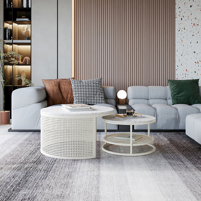 Contemporary Coffee Table White Round Slate Coffee Cocktail Table