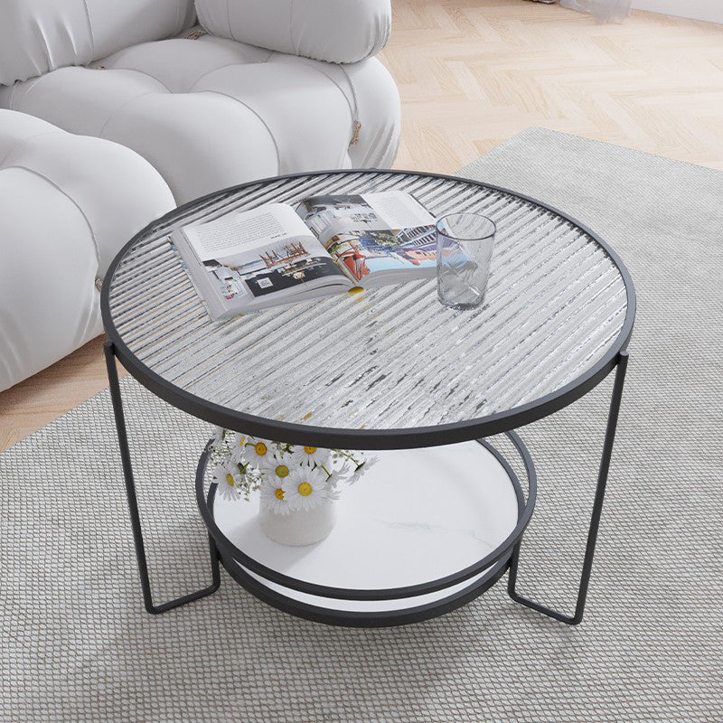 Round Cocktail Table Glass Top Single Coffee Table with Shelf