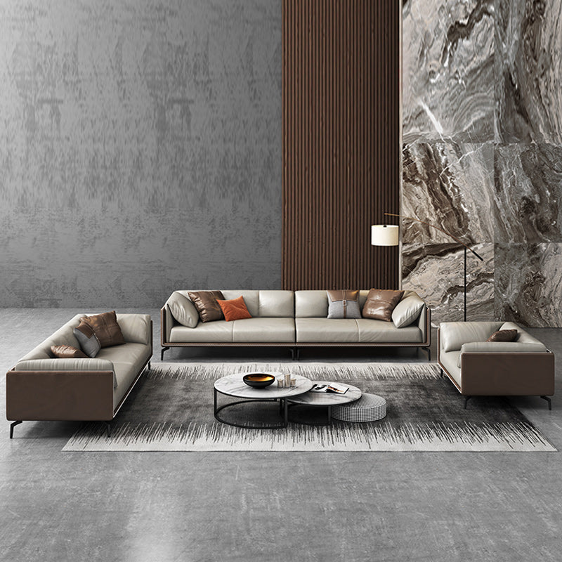 Pillow Top Arm Sofa Modern Leather Sofa with Pillows in Gray and Brown