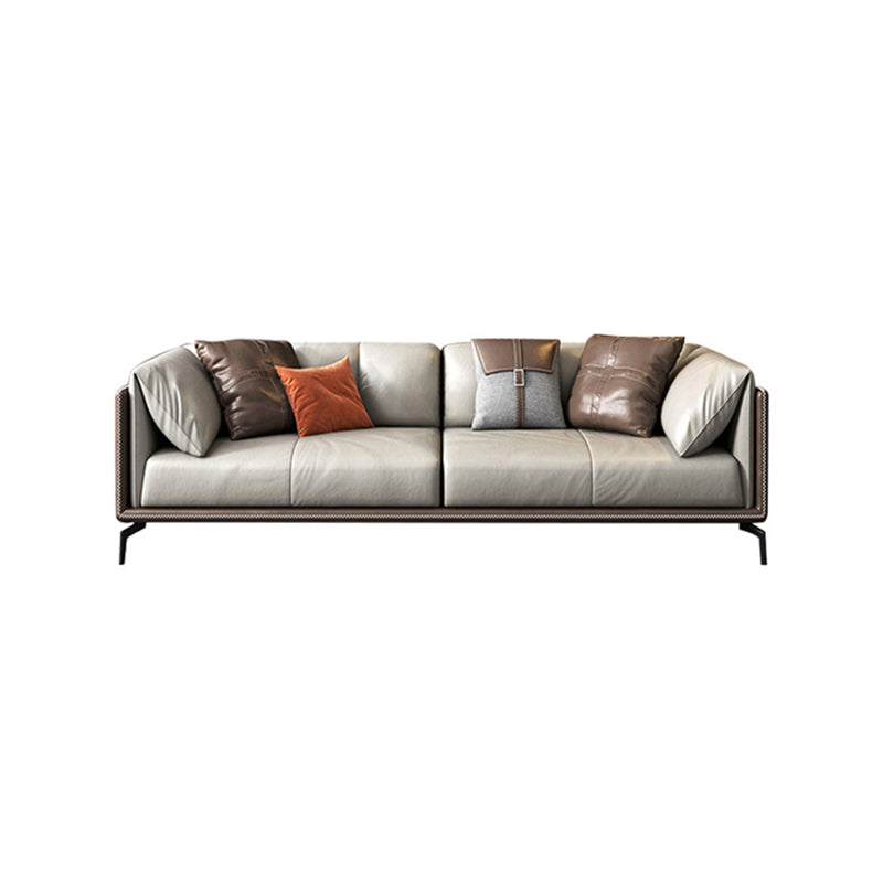 Pillow Top Arm Sofa Modern Leather Sofa with Pillows in Gray and Brown