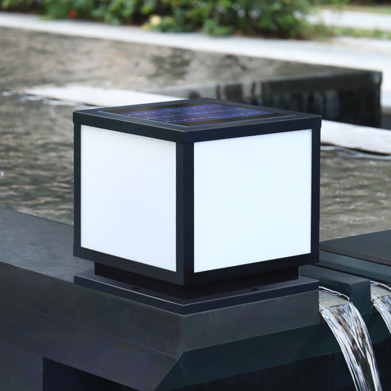 Square Shape Metal Outdoor Lights Modern Style 1 Light Solar Pillar Lamp in Black