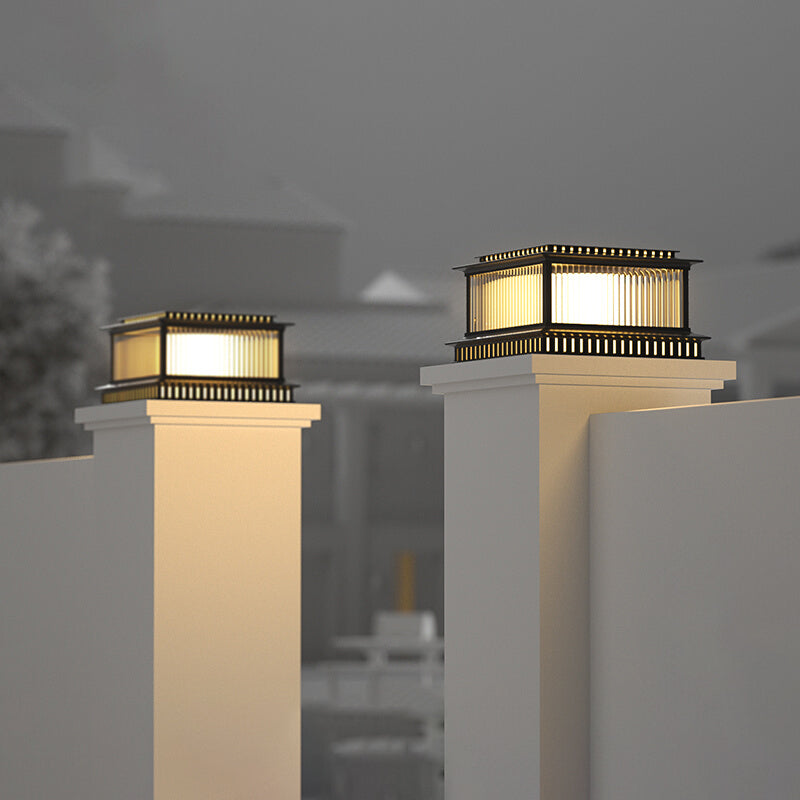 Metal Rectangular Shape Outdoor Lights Modern 1-Light Solar Pillar Lamp in Black