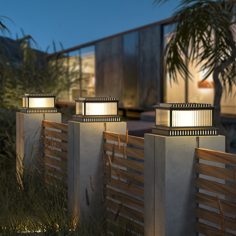Metal Rectangular Shape Outdoor Lights Modern 1-Light Solar Pillar Lamp in Black