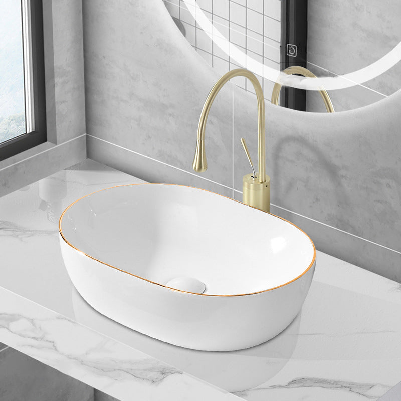 Modern Vessel Lavatory Sink Porcelain Oval Shut-Off Valve Included Vessel