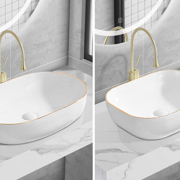 Modern Vessel Lavatory Sink Porcelain Oval Shut-Off Valve Included Vessel