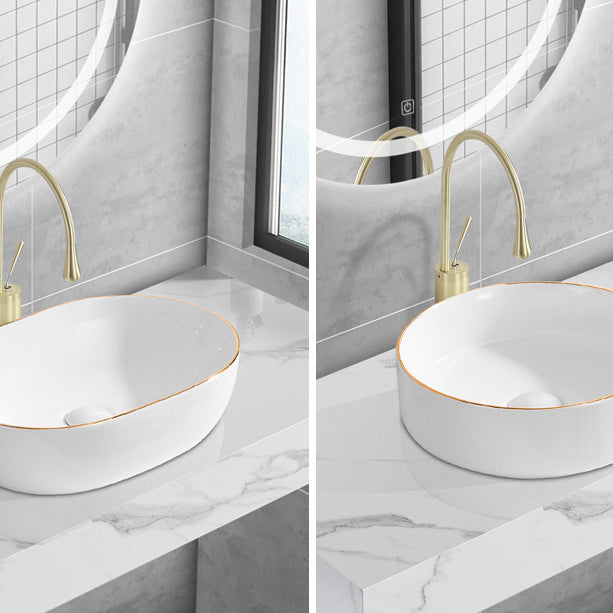 Modern Vessel Lavatory Sink Porcelain Oval Shut-Off Valve Included Vessel