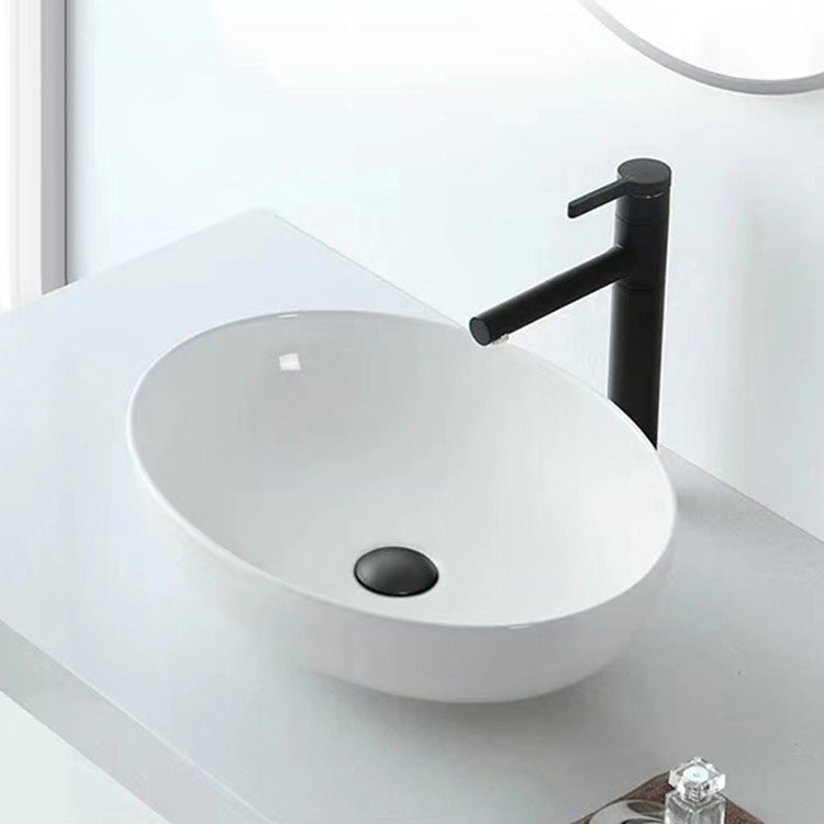 Modern Vessel Bathroom Sink Oval Porcelain with Pop-Up Drain Vessel