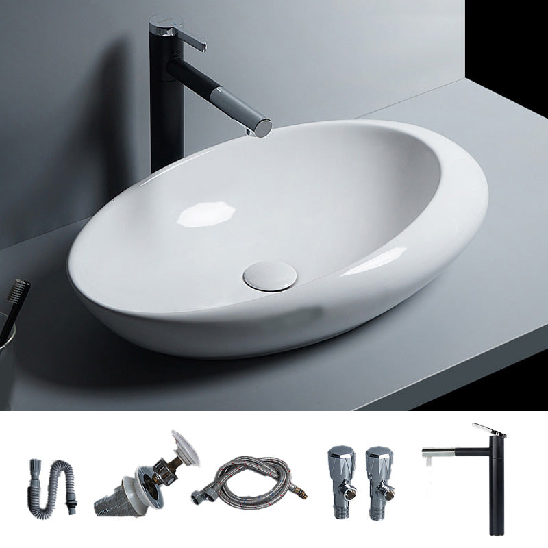 Modern Bathroom Sink Porcelain Oval-Shape Vessel Bathroom Sink with Pop-Up Drain