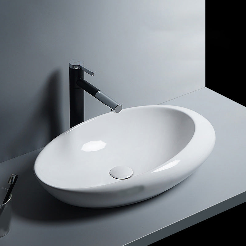 Modern Bathroom Sink Porcelain Oval-Shape Vessel Bathroom Sink with Pop-Up Drain