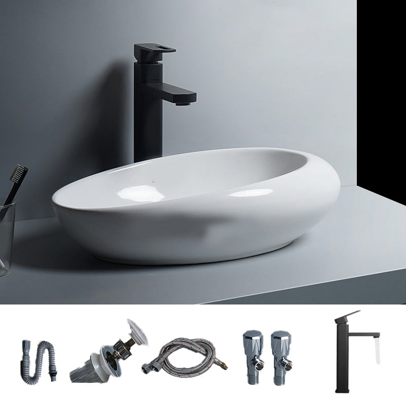 Modern Bathroom Sink Porcelain Oval-Shape Vessel Bathroom Sink with Pop-Up Drain