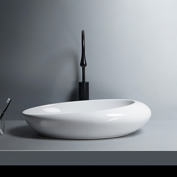 Modern Bathroom Sink Porcelain Oval-Shape Vessel Bathroom Sink with Pop-Up Drain