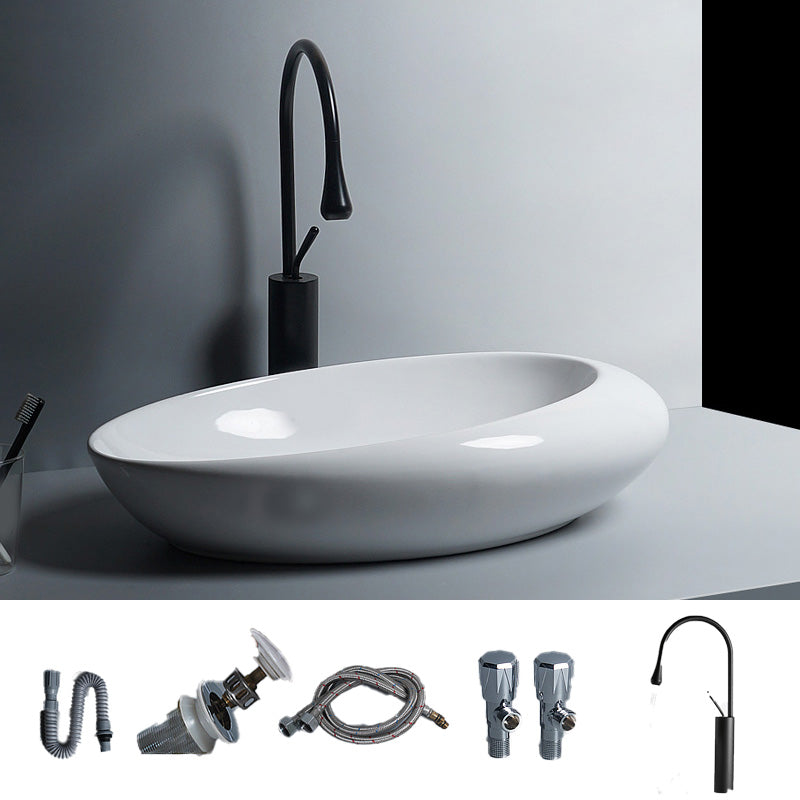 Modern Bathroom Sink Porcelain Oval-Shape Vessel Bathroom Sink with Pop-Up Drain