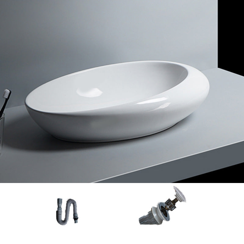 Modern Bathroom Sink Porcelain Oval-Shape Vessel Bathroom Sink with Pop-Up Drain