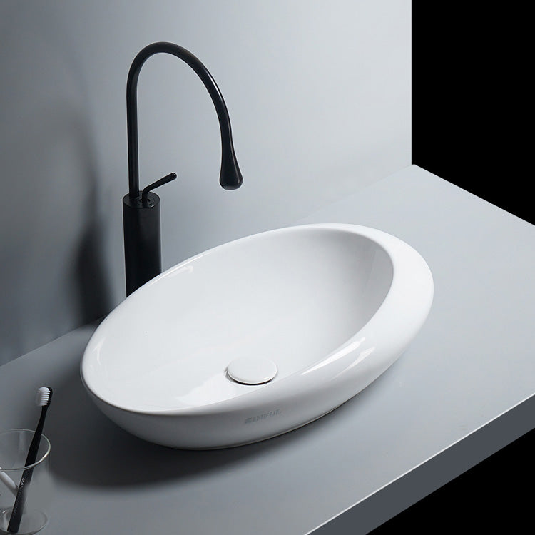 Modern Bathroom Sink Porcelain Oval-Shape Vessel Bathroom Sink with Pop-Up Drain