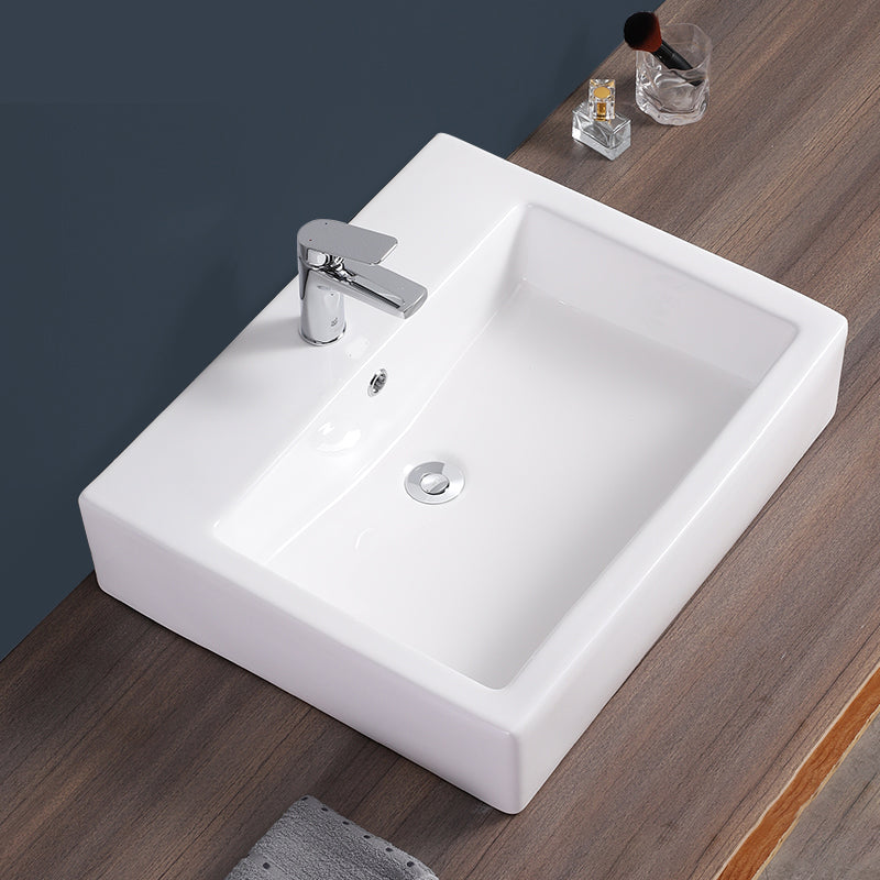 Bathroom Sink White Rectangle Overflow Ceramic One Hole Sink with Faucet
