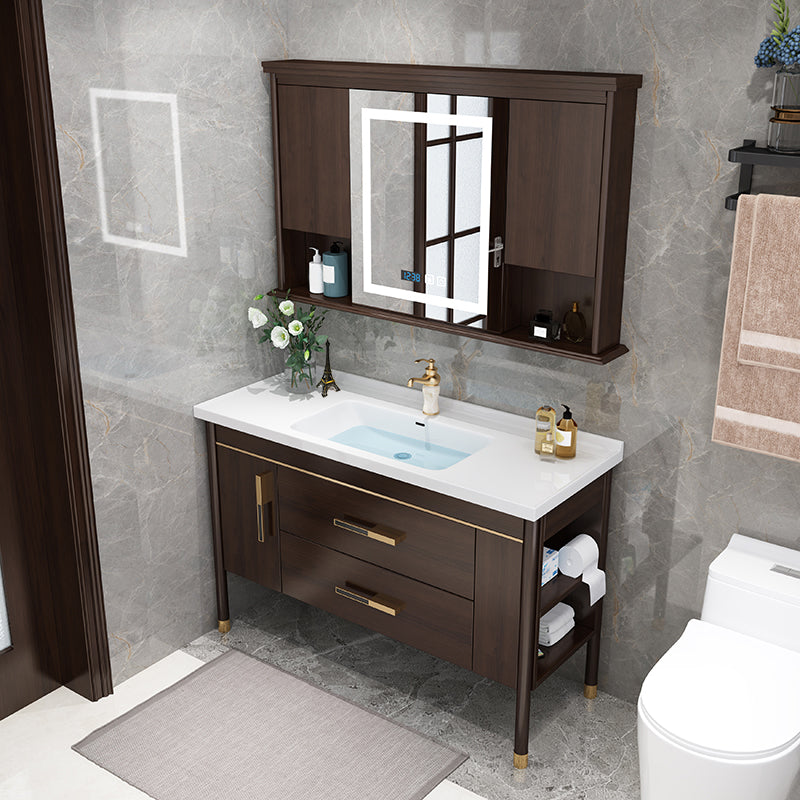 Wood Frame Bathroom Vanity Drawers Single Sink Rectangle Freestanding Vanity with Mirror