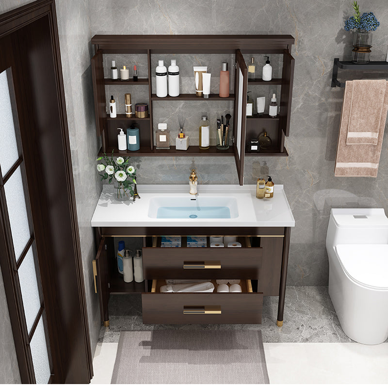Wood Frame Bathroom Vanity Drawers Single Sink Rectangle Freestanding Vanity with Mirror