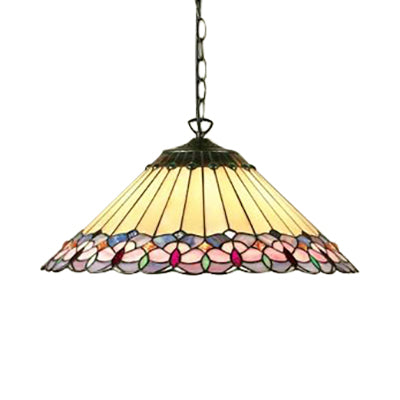 Baroque Conical Down Lighting 1 Head Pink/Green Stained Art Glass Suspended Pendant Light