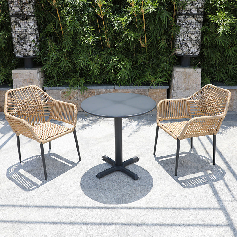 Tropical Outdoor Bistro Chairs with Arms in Faux Rattan and Metal Base