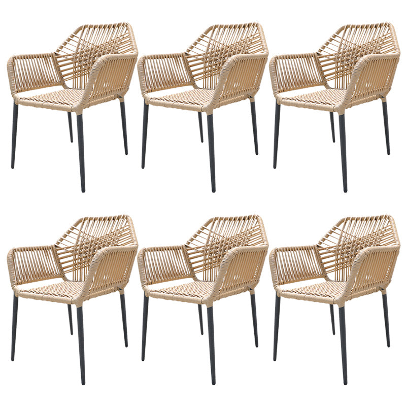 Tropical Outdoor Bistro Chairs with Arms in Faux Rattan and Metal Base