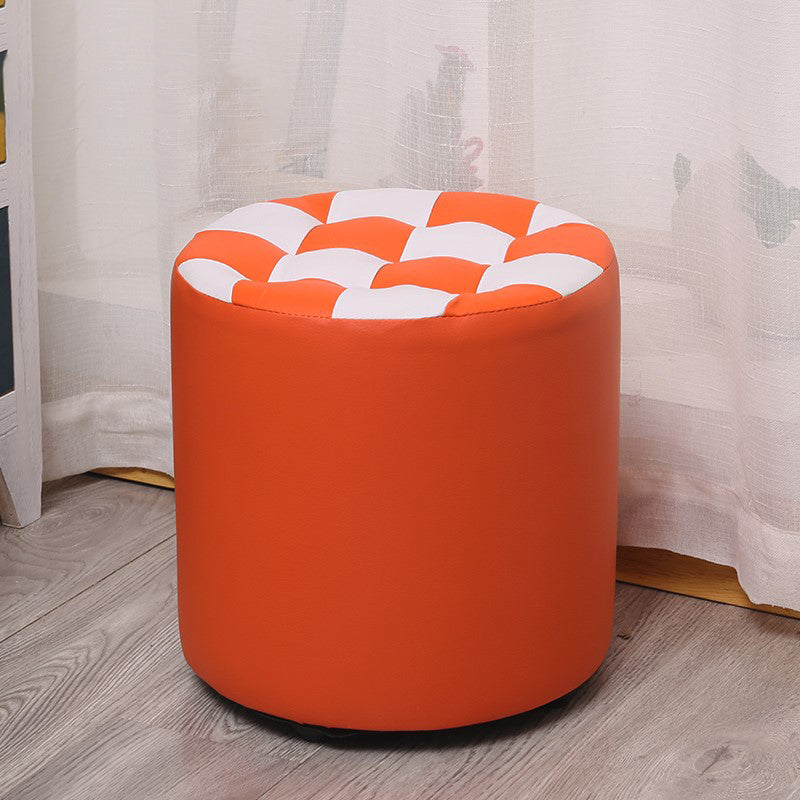 Color Block Ottoman Faux Leather Stain Resistant Cylinder Shape Pouf Ottoman