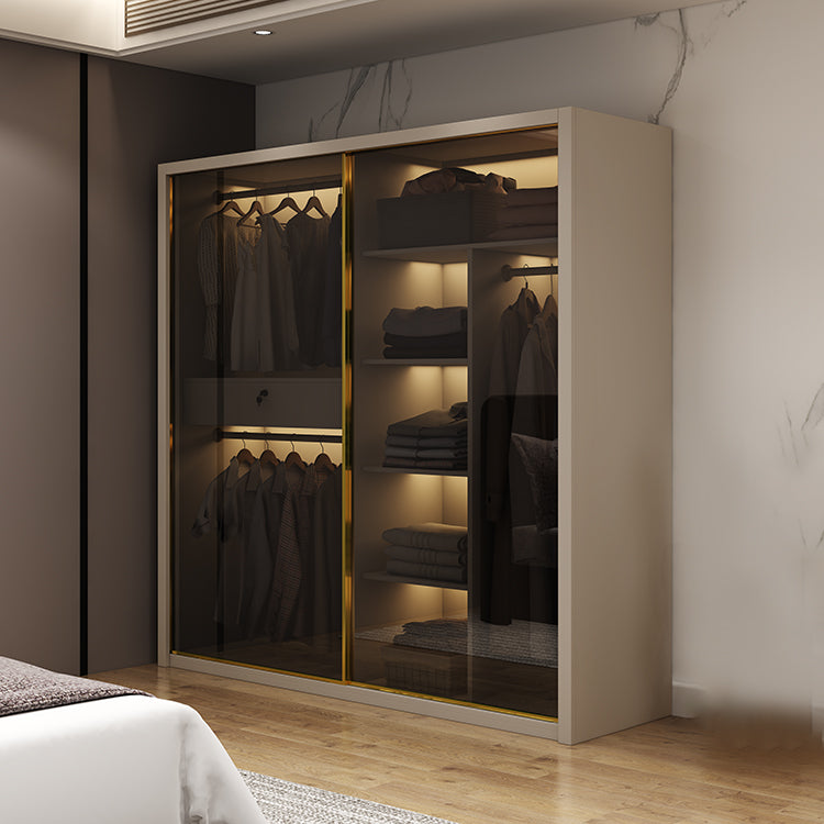 Glass and Wood Wardrobe Cabinet Sliding Wardrobe Armoire without Light