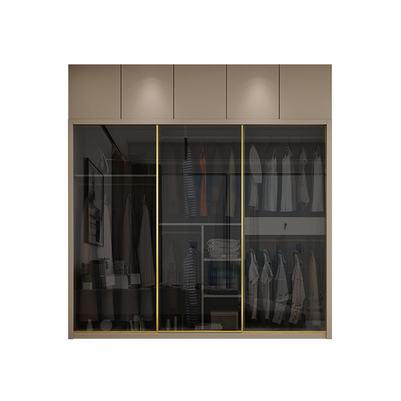 Glass and Wood Wardrobe Cabinet Sliding Wardrobe Armoire without Light