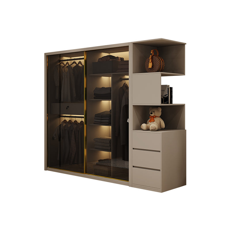 Glass and Wood Wardrobe Cabinet Sliding Wardrobe Armoire without Light