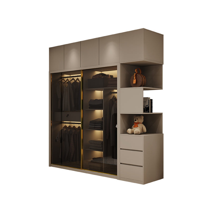 Glass and Wood Wardrobe Cabinet Sliding Wardrobe Armoire without Light