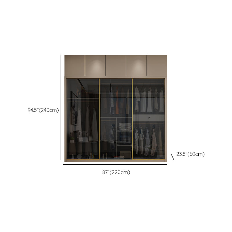 Glass and Wood Wardrobe Cabinet Sliding Wardrobe Armoire without Light